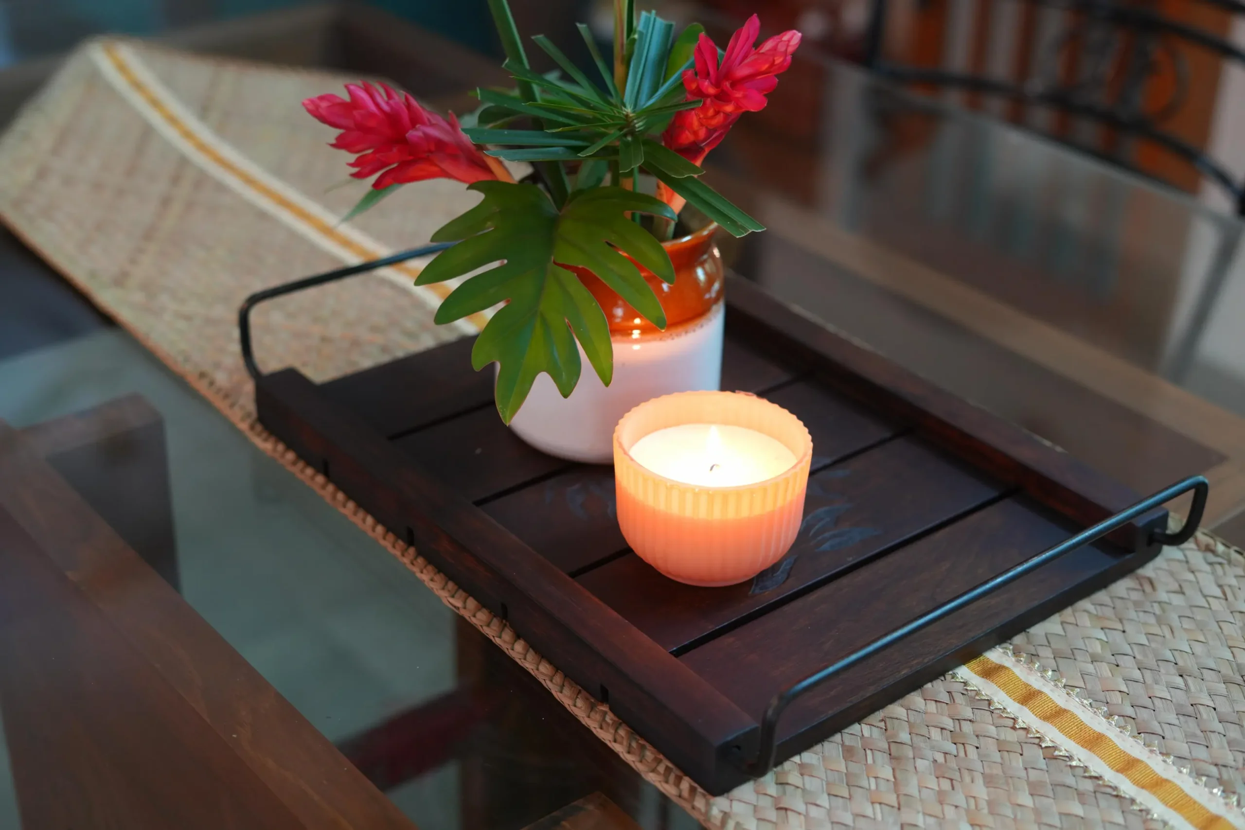 mango wood tray with metallic handle for table decor