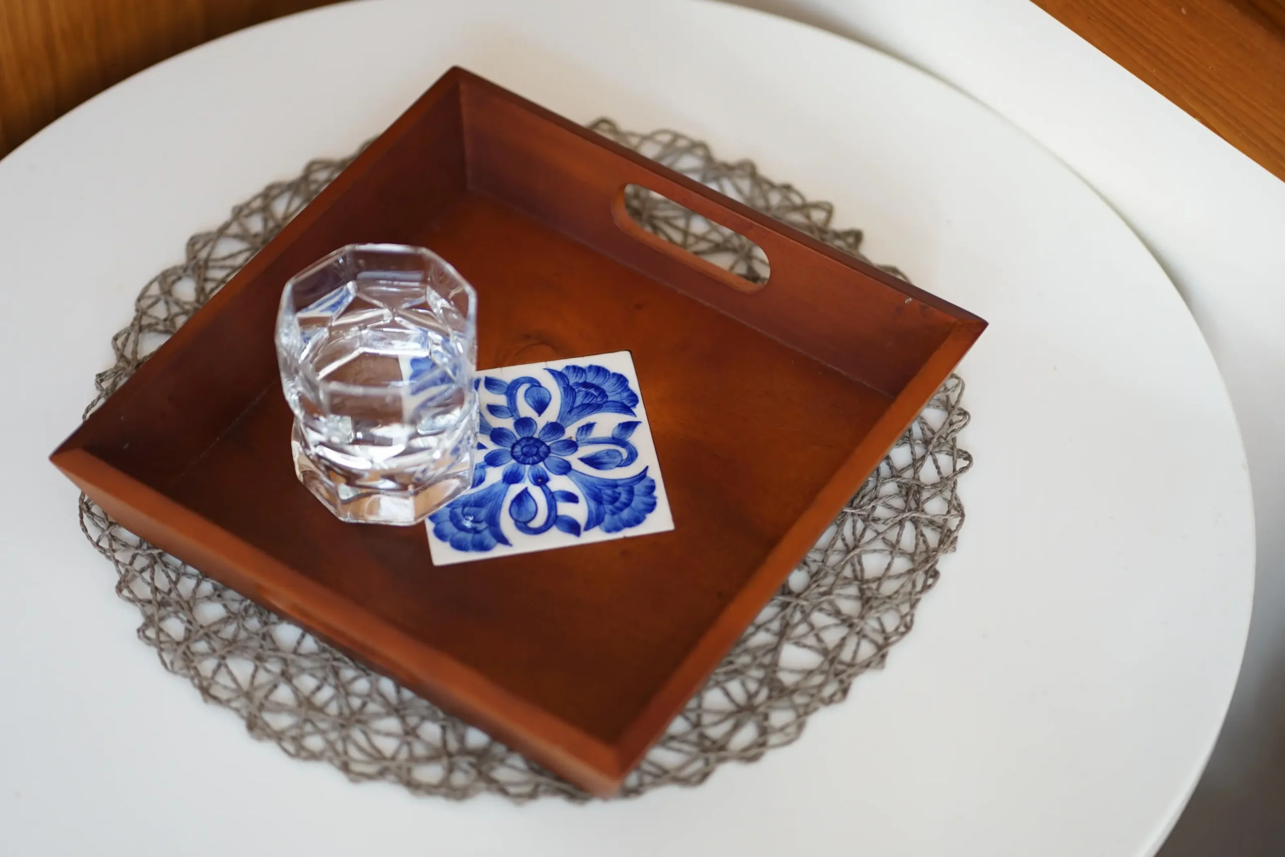 wooden tray with ceramic tile inlay