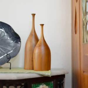 set of two vases in wood with nrrow neck for enhancing home decor style.