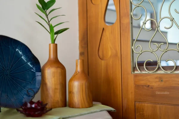 Set of two wooden vases hand crafted using teak to enhance home decor style